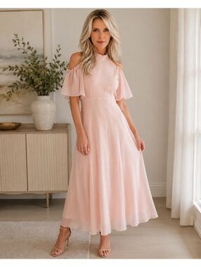 Monsoon Pink Chiffon Mona Angel Sleeve Maxi Dress Size 6